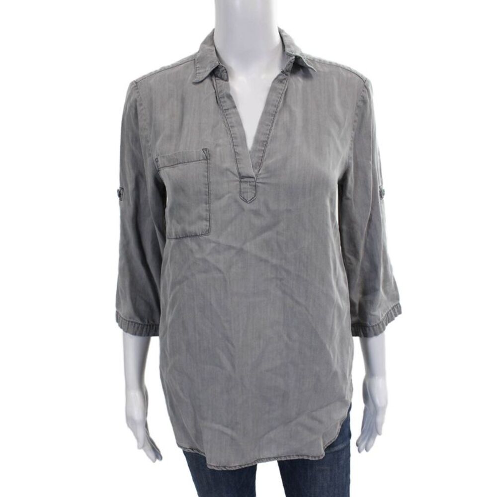 Korye Womens Tunic Blouse Gray Tencel Collared 3/4 Sleeve Size S